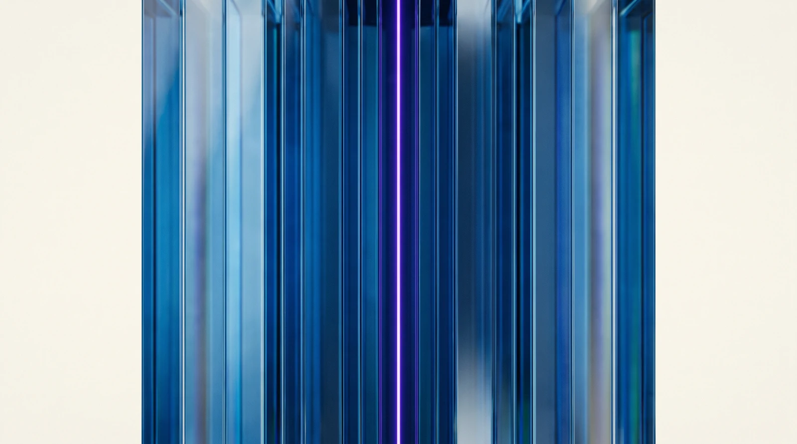 Aligned layers of translucent blue glass reveal a violet light path — an illustration of data lineage and quality.