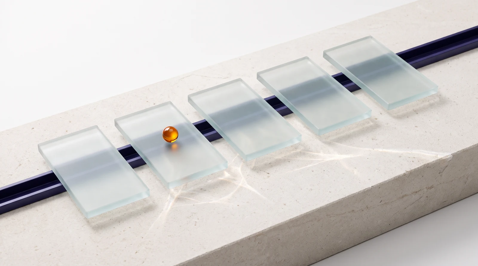 Translucent glass tiles align along an indigo rail, with an amber marker highlighting one tile — an illustration of connected evidence and review.
