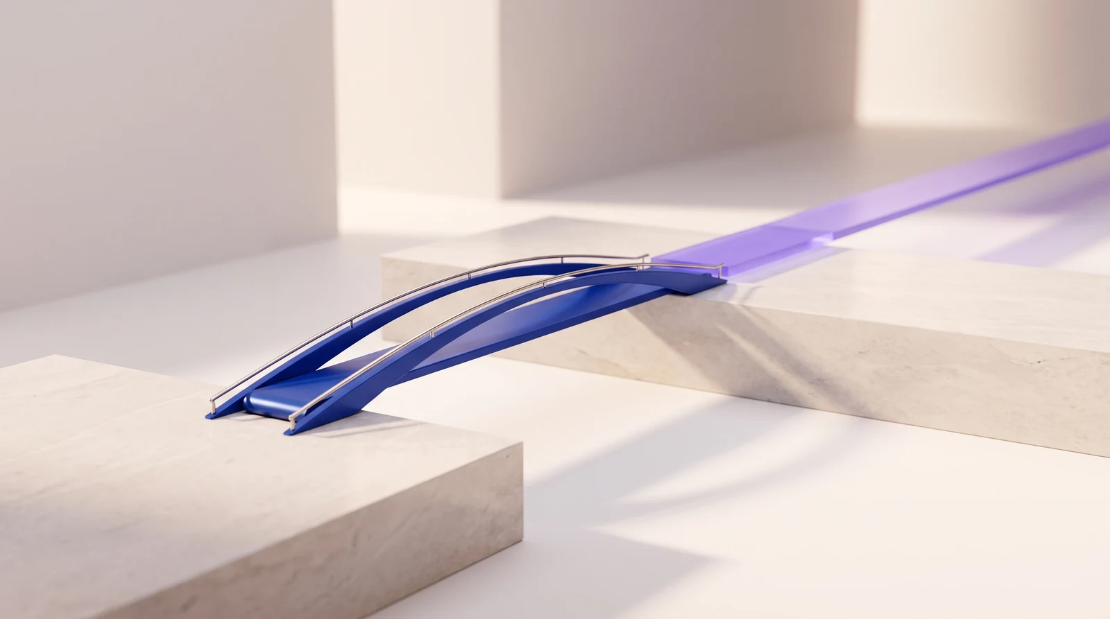 A cobalt bridge connects pale stone platforms, with a translucent violet path continuing into the distance — an illustration of progress from pilot to production.