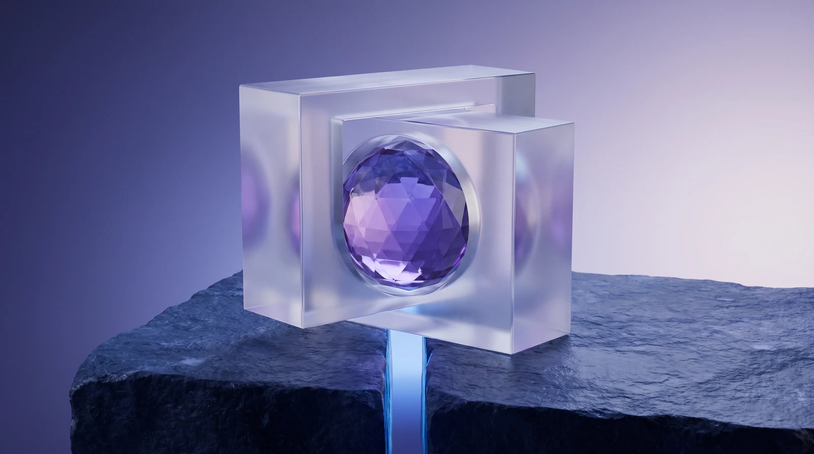 A violet glass core sits within transparent architectural enclosures beside a narrow blue passage — an illustration of controlled access.