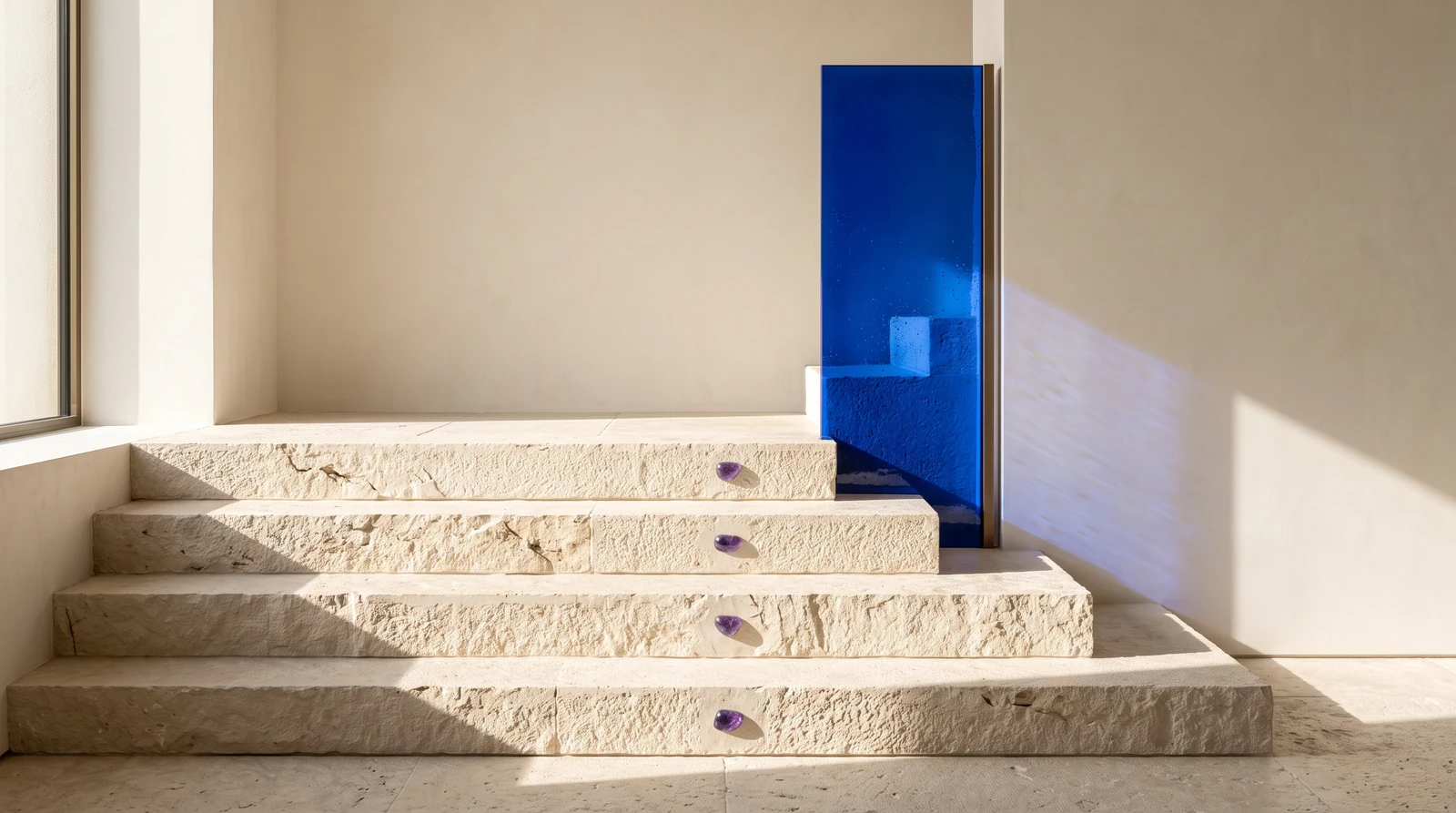 Pale limestone steps with violet inlays lead toward an upright cobalt glass panel — an illustration of a gradual path to readiness.