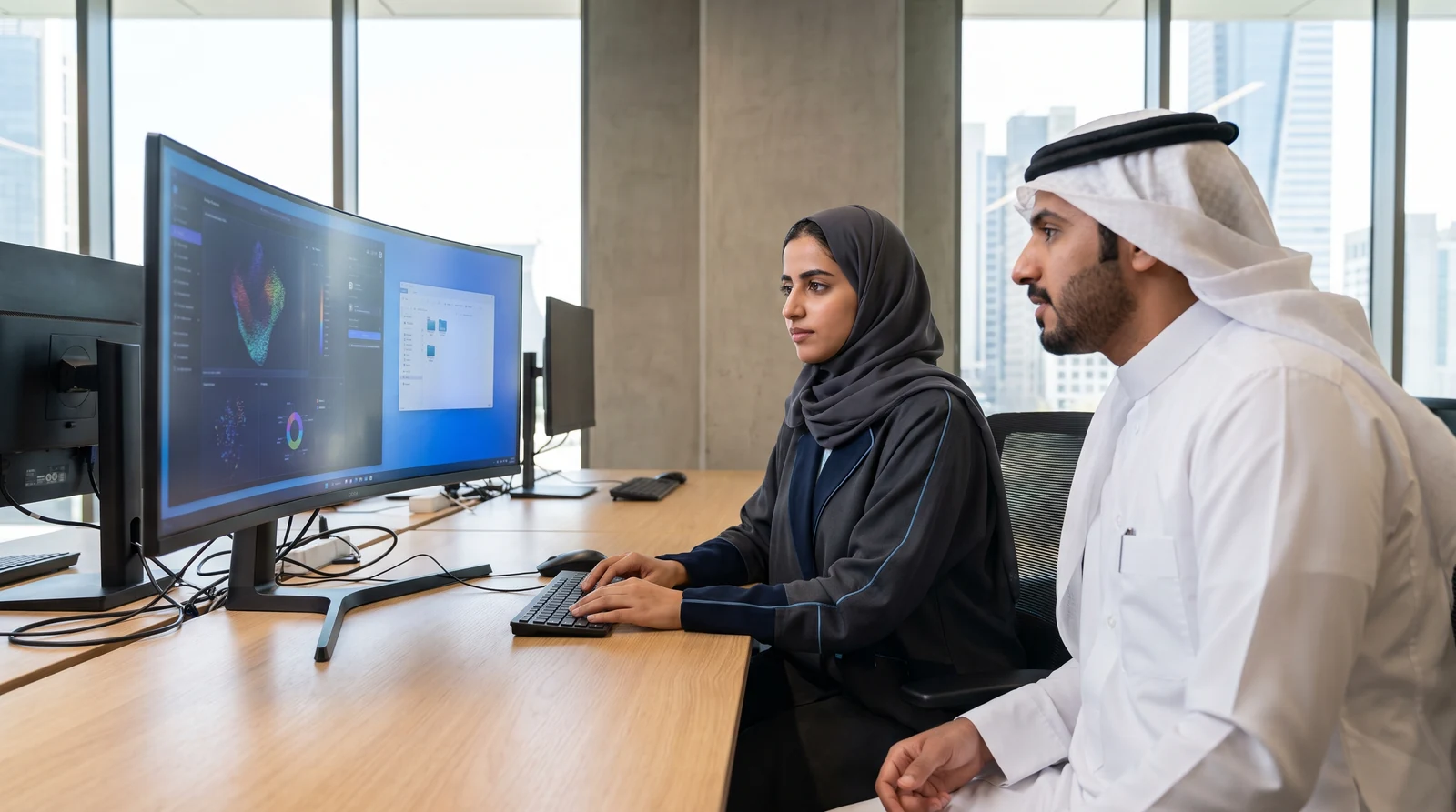Developer working with code at a workstation