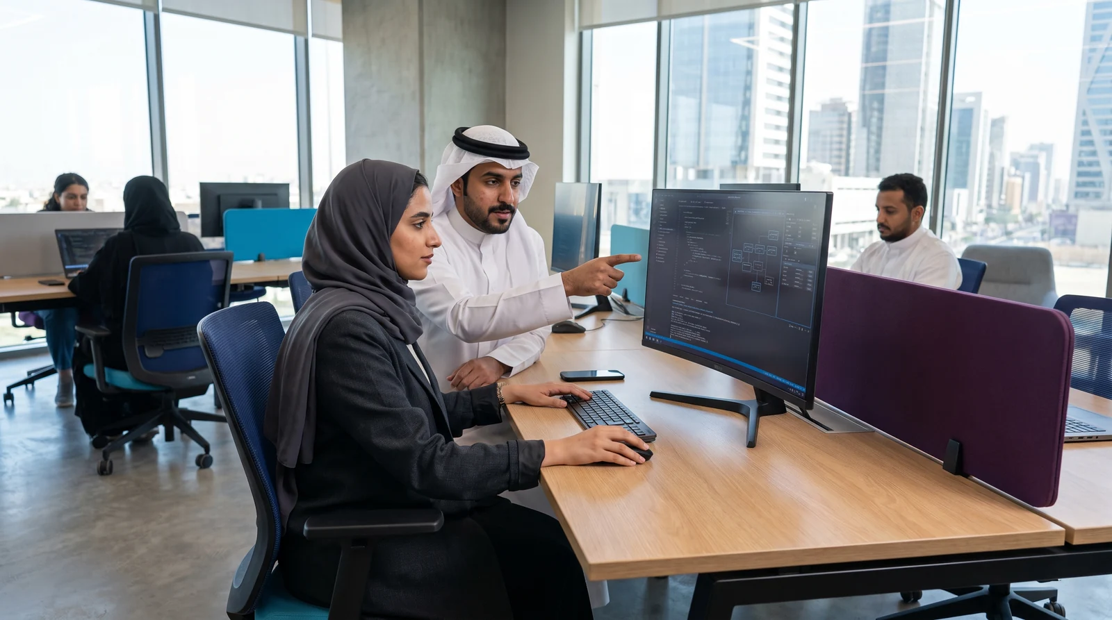 Illustrative Saudi colleagues reviewing work together