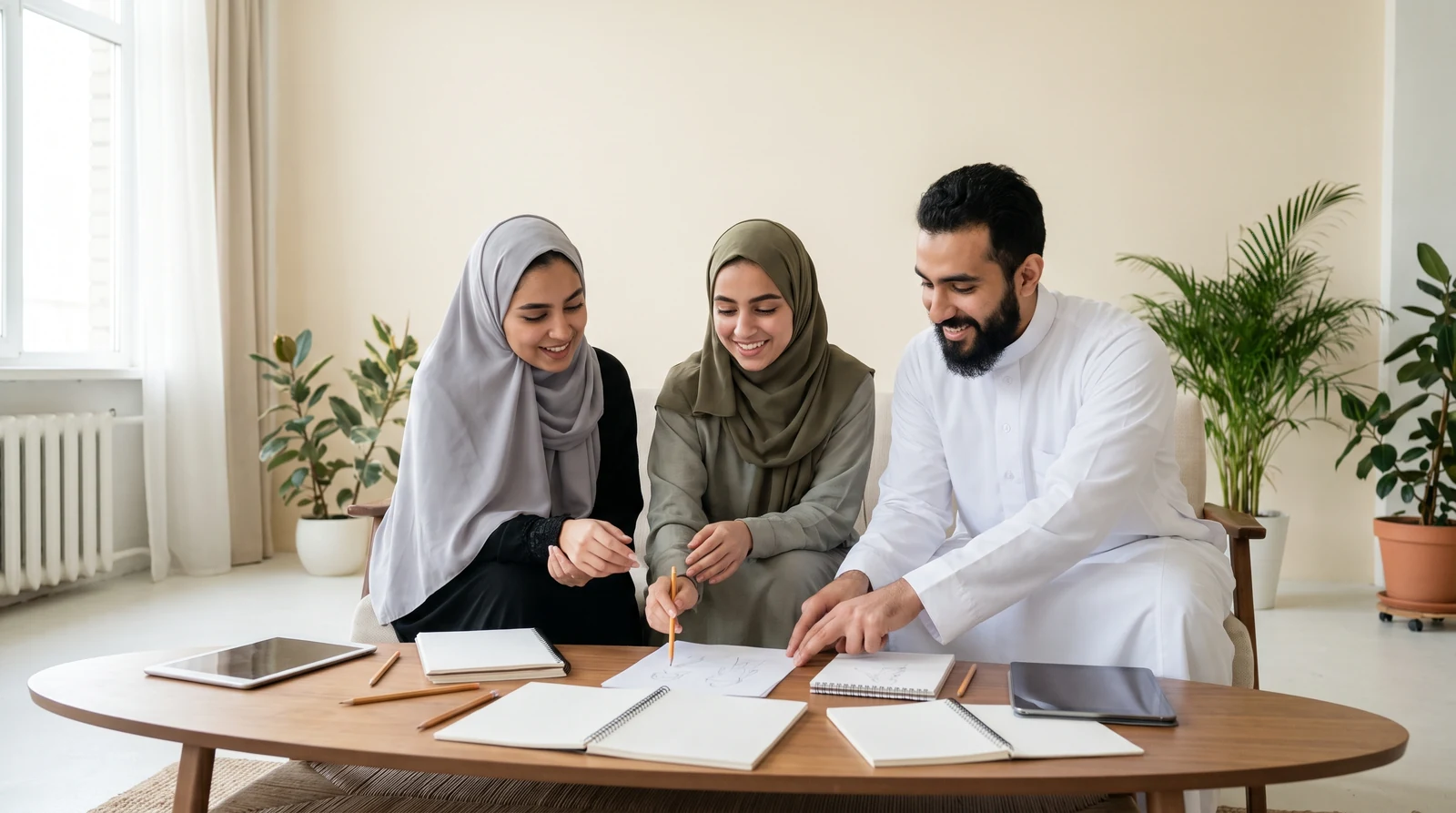 Illustrative Saudi technology team sketching ideas around a low table in a bright collaborative studio