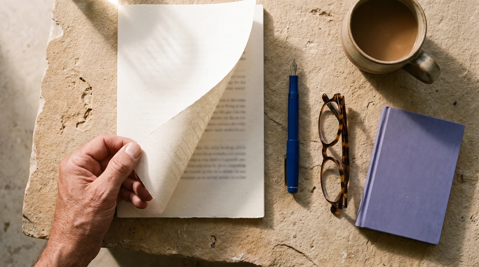 Illustrative writing desk with a report, cobalt pen, reading glasses and a violet notebook