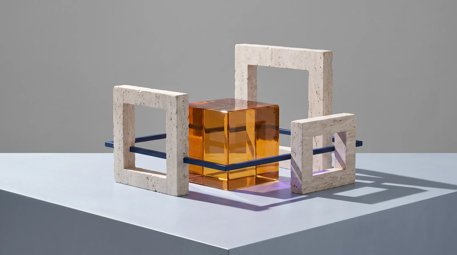 Illustrative pale stone frames surrounding an amber glass core, connected by cobalt rails