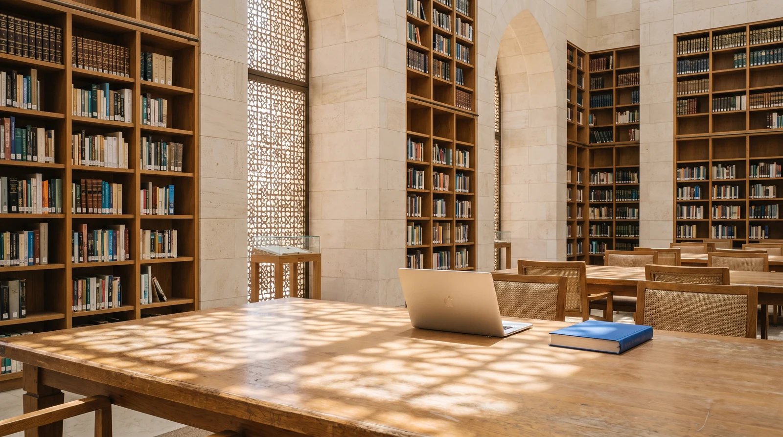 Illustrative sunlit Riyadh library with oak shelves, geometric shadows and a laptop on a reading table