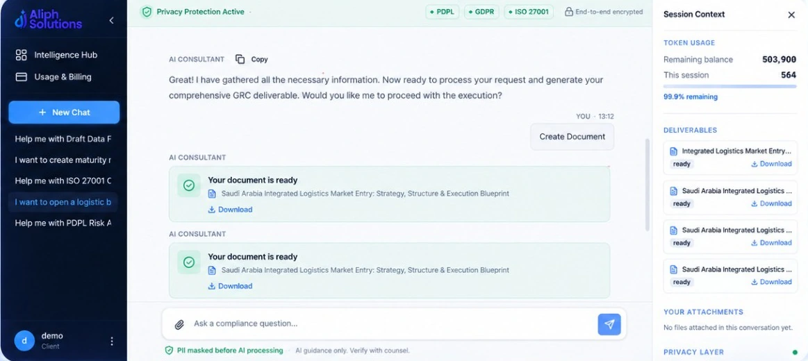 AI Consultant interface with a compliance conversation, downloadable documents and a session-context panel listing deliverables.