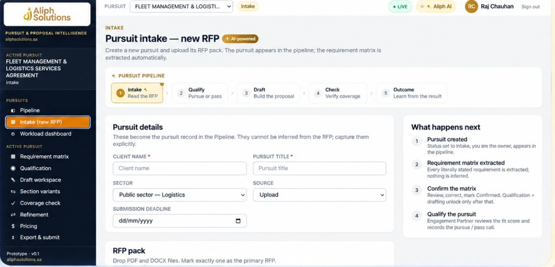Pursuit Intelligence product preview showing sample RFP intake
