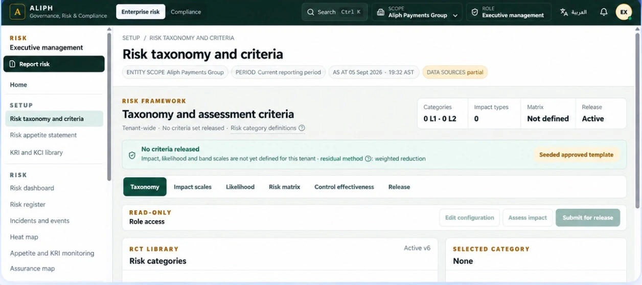 Enterprise Risk interface with sample governance records